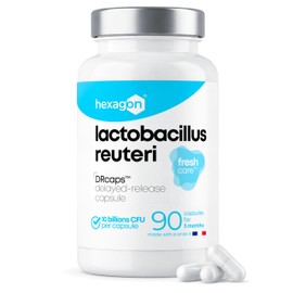 Lactobacillus Reuteri 10 Billion CFU / Capsule - Full 3+ Month Treatment - L-Reuteri - Freshcare - 90 DRcaps Gastric Acid Resistant Capsules - Vegan - Hexagon