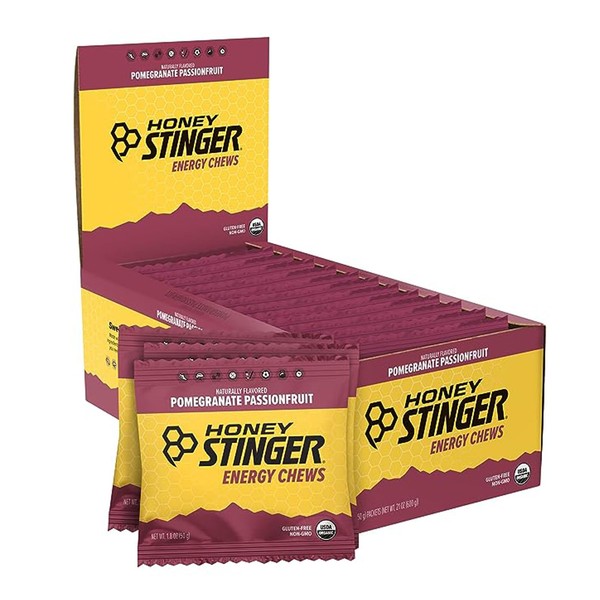 Honey Stinger Organic Pomegranate Passionfruit Energy Chew | Gluten Free & Caffeine Free | For Exercise, Running and Performance | Sports Nutrition for Home & Gym, Pre and Mid Workout | 12 Pack