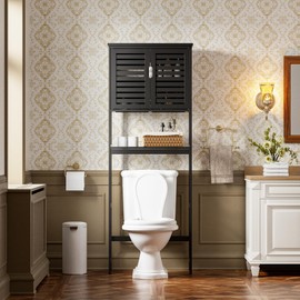 SMIBUY Bathroom Over The Toilet Storage Cabinet, 2 Door Bamboo Cabinet Organizer, Freestanding Space Saver Toilet Rack with Adjustable Inside Shelf and Open Shelf (Black)