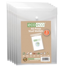 eco-eco A5 50% Recycled Clear Transparent Portrait Press Stud Popper Wallet, Plastic Folders 230x170mm (Pack of 5), 200mic, eco158
