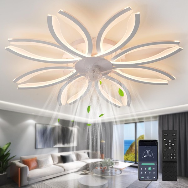 CIIAUM 41" Modern Ceiling Fan with Lights and Remote Control, Dimmable 6 Speed Reversible Blades, LED Flush Mount Bladeless Low Profile Ceiling Fan Flower Lamps for Living Room, Fan Ceiling Lamp 150W