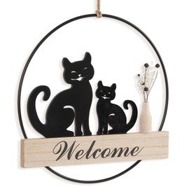 Trockenblumenkranz - Dekorativer Türkranz mit Katzen-Silhouette & Willkommensschild, Holzschild Welcome auf Metallring, Hängedeko personalisiert Dekokranz Wanddeko, ø28 cm Schwarz/Weiß