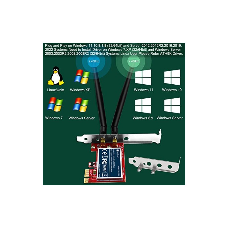 Adaptador de Red inalámbrico PCIe de 2,4 GHz y 300
