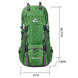 Bseash 60L Waterproof Lightweight Hiking Backpack with Rain Cover,Outdoor Sport Travel Daypack for Climbing Camping Touring (Green)