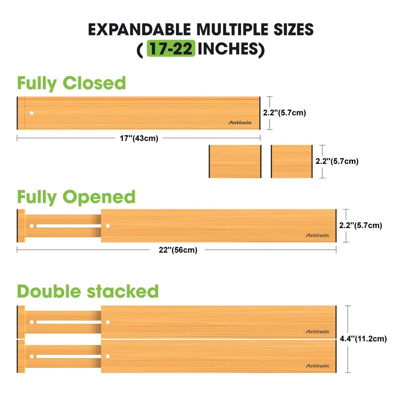 ANTOWIN Bamboo Drawer Dividers, Expandable Drawer Separators Splitter, 17-22 inches