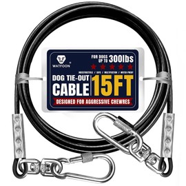 15ft Dog Tie Out Cable, 10/15/25/30/40/50/65/75/100/150FT Dog Runner Cable with Swivel Hook, Pet Leash Run Tether for Camping Yard Outdoor for Small to Large Pets Up to 300lbs