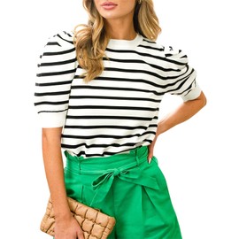 Langwyqu Womens Striped Sweaters Puff Short Sleeve Tops Crew Neck 2024 Spring Summer Trendy Casual Knit T Shirts White