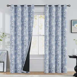 FMFUNCTEX 100% Blackout Curtains for Bedroom Blue Floral 108 Inches Long Curtain for Living Room Blossom Printed Thermal Insulated Extra Long Drapes for Farmhouse Décor 2 Panels Grommet Top