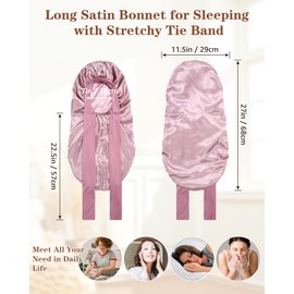 Braids Satin Bonnet for Sleeping Long Bonnet Women Hair Bonnet with Stretchy Tie Band Satin Hair Wrap(Red Bean)