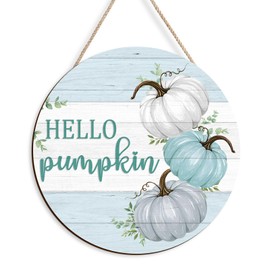 Pigort Hello Fall Teal Pumpkin Patch Front Door Sign - Autumn Maple Rustic Wood Decor for Outdoor Porch & Indoor Wall Hanging 12x12inch