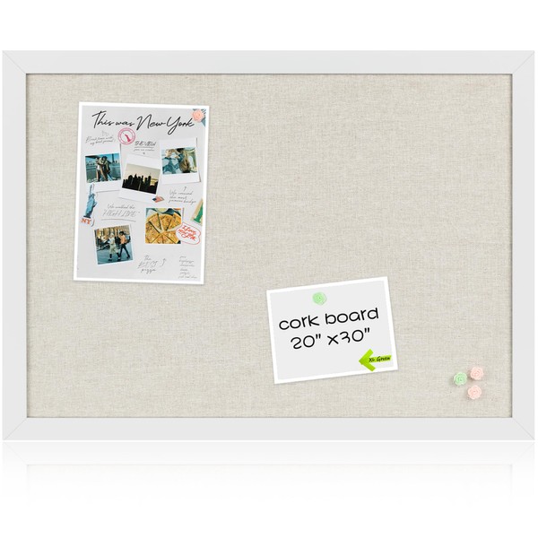 Board2by White Cork Board Bulletin Board with Linen, Wood Framed