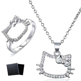 Reccisokz Zweiteiliges Katzen-Halsketten- und Ringset Diamant Katze Halskette Sterling Silber Niedlich Kubischer Zirkonia Bogen Kätzchen Anhänger Lustig Cartoon Tier Kette Schmuck Geschenke
