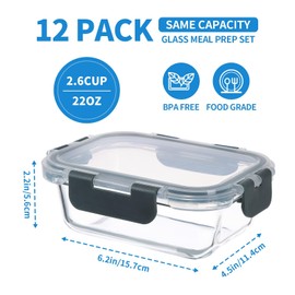 GULFLIN 12 Pack 22oz Glass Meal Prep Containers, Food Storage Containers with Lids, Air-Tight, Leak-Resistant, Freezer to Microwave Safe - Grey Set