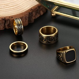 Adramata 4Pcs Stainless Steel Signet Rings for Men Vintage Biker Rings Set Silver Spinner Ring Gold Band Pinky Thumb Rings Men's Ring for Dad Father Jewelry Gift