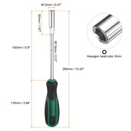 sourcing map Metric Nut Driver 8mm Dia 150mm Round Shank CR-V 6 Point Hex Hexagon Socket Wrench Screwdriver with Non-Slip Handle for Tightening and Loosening Fasteners