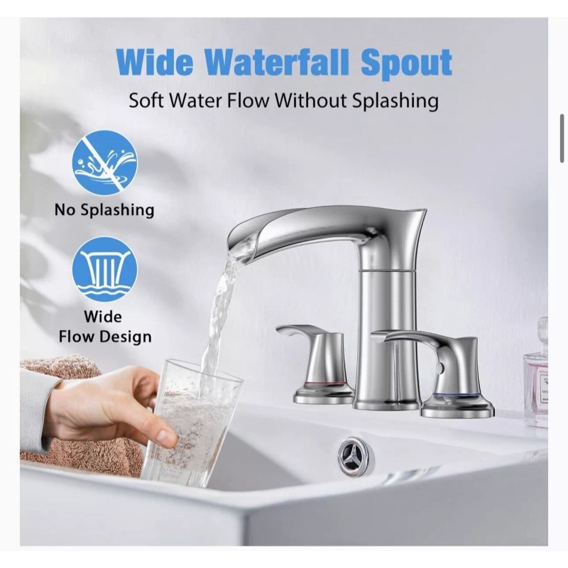 Faucet Waterfall Bathroom Faucet, WaterSong 3-Holes 8-Inch Bathroom Sink Faucet
