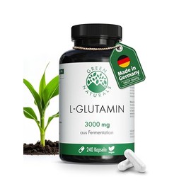 Green Naturals L-Glutamine Capsules - High Dose: 3,000 mg Pure Amino Acid in Free Form & Natural Fermentation - 100% Vegan & No Additives - 240 Capsules (60 Days)