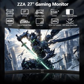 ZZA Gaming Monitor 27 Inch Curved 180Hz| 165Hz|144Hz|1ms| Computer Monitor FHD|1080P| 90% DCI-P3,100% sRGB,PC Monitor FreeSync| HDMI|HDR|Low Blue Light| HDMI|DP Ports| VESA Mount| Metal Stand