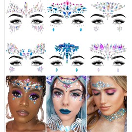 Women Face Stickers Jewels,6 Pcs Face Jewels Stick On,Rave face stickers jewel,Temporary Tattoo Face Eyebrow Body Stickers for Makeup,Festival Holiday,Costumes (AB-Face Stickers)