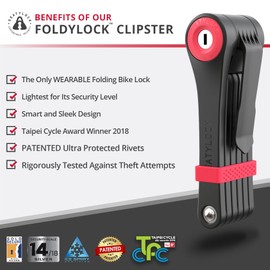 Seatylock FoldyLock Clipster Folding Bike Lock - Wearable Compact Bicycle Lock - Lightweight Smart Bike Security Accessory with Key Set for Bikes E Bikes and Scooters - 29.5"