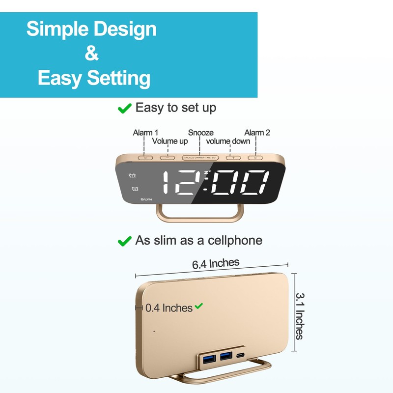 Slim LED Digital Alarm Clock, Mirror Surface for Makeup, with