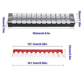 Ruidee Pack of 6 Screw Terminal Block Double Row 12 Position Terminal Strip 600 V 25 A + 6 Pieces 12 Positions Pre Insulated Terminal Barrier Strip Red/Black 400 V 25A (DTB2512)