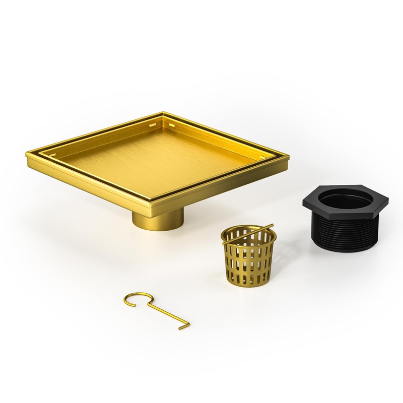 Bernkot Square Shower Drain 8", Brushed Gold Floor Drain with