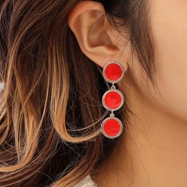 Aneneiceera Vintage Enamel Red Disc Coin Earrings Red Acrylic Coin Dangle Earrings Red Circle Drop Earrings Acrylic Disc Earrings Geometric Long Earrings Jewelry for Women (Red)