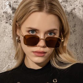 SHEEN KELLY Retro Square Metal Sunglasses Men Women Classic Trendy Hexagon Metal Small Frame Black Shades Glasses Glasses, 3