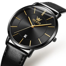 OLEVS Mens Wrist Watches Ultra Thin 6.5mm Minimalist Black Watch Business Dress Leather Waterproof Date Slim Watches for Men