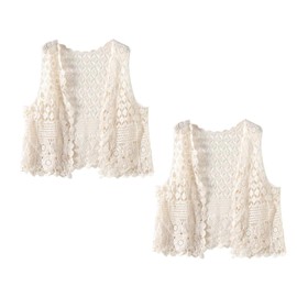 HEYXI Women Crochet Sleeveless Vest Waistcoat Hollow Knit Geometric Cardigan for Jacke Beige