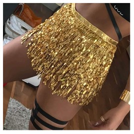 Women Sequin Dance Skirt Belly Dancing Outfit Glitter Tassel Fringe Hip Scarf Rave Waist Wrap Belt Costume for Girls (Gold)