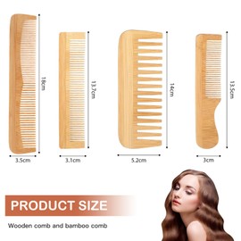 Qiyuda 4 Pcs Bamboo Hair Comb Set, Anti Static Natural Fine Tooth Wide Tooth Wooden Comb