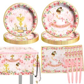 First Communion Decorations-Mi Primera Comunion Tableware Serve for 20 Guests,First Communion Plates,Napkins Tablecloth,Forks and Knives for Girl Newborn Baby Shower Birthday Party Supplies