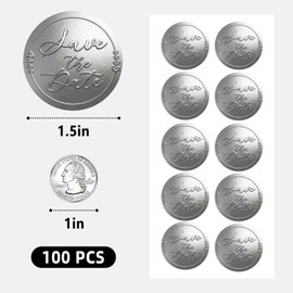 100 Pack Save The Date Gold Foil Stickers, Embossed Metallic Round Envelope Seals for Wedding Invitations, Business Packaging, Party Favors & Gift Sealing (Full Silver)