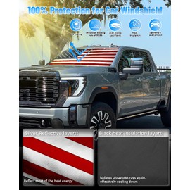 American Flag Car Windshield Sun Shade Compatible with GMC Sierra 1500 2500 3500 2019-2024 2025- Foldable Reflective USA Patriotic Window Sunshade for UV Protection & Heat Reduction