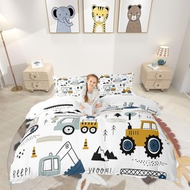 Homemissing Construction Duvet Covers Cartoon Equipment Truck Set Duvet Cover 135 x 200 cm Car Excavator Tractor Vehicles White Duvet Cover
