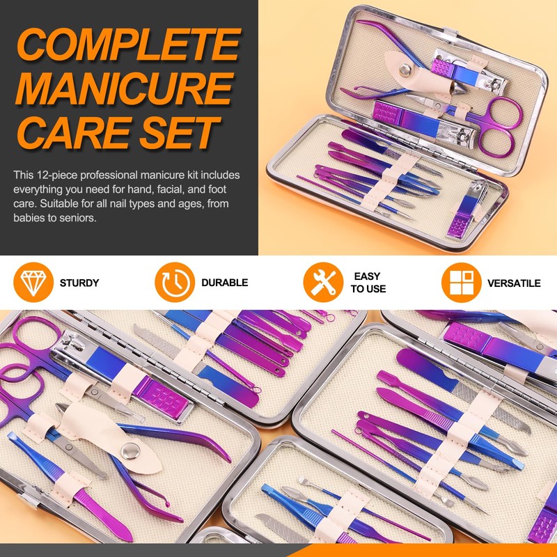Rustark 12Pcs Rainbow Manicure Pedicure Kit Professional Stainless Steel Nail