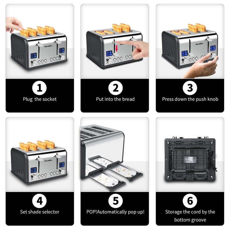 KitchMix Toaster 4 Slice, Bagel Stainless Toaster with LCD Timer,