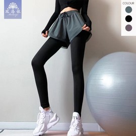 Imported High-Waist Butt-Lifting Stretch Quick-Dry Sports Faux Two-Piece Yoga Pants with Naked Feel Li S 40.00 Kg-47.50 Kg/Purple 3ea