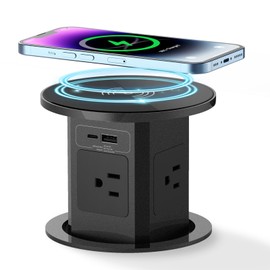 Aluminum Pop Up Outlet with 15W Wireless Charger, 4 AC Outlets & 2 PD 20W USB Fast Charging, 3.93" Desk Wire Hole Insert, Pop Up Countertop Outlet for Home Office Kitchen (Black)