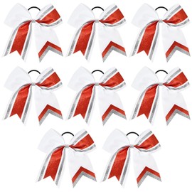 8PCS Glitter Cheer Bow 8" Large Cheerleading Bows Bulk Hair Bows Girls Red White Cheer Bows Elastic Band Ponytail Holder for Cheerleaders Teen Girls College Sports Competition