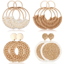 4 Pairs Handmade Raffia Rattan Bohemian Round Drop Dangle Earrings for Women Trendy Lightweight Summer Statement Hoop Dangles Drops Straw Earring Vacation Outfits for Women