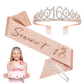 Forhandy 16th Birthday Crown Girl, 16th Birthday Gifts Rose Gold Birthday Crown Sash and Rhinestone Tiara, Birthday Decoration Gift Women Girls Party Accessories