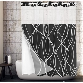 Tititex No Hooks Snap in Liner Abstract Curve Lines Black Ivory White Shower Curtain, Hotel Luxury Double Layers No Hooks Waterproof Fabric & See-Through Top Window Bathroom Decorative 71x71 Inch