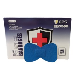 GPS Blue Metal Detectable Elastic Strip Fingertip Bandages, 1 3/4" x 3", Sterile, Latex-Free, 25 Per Box