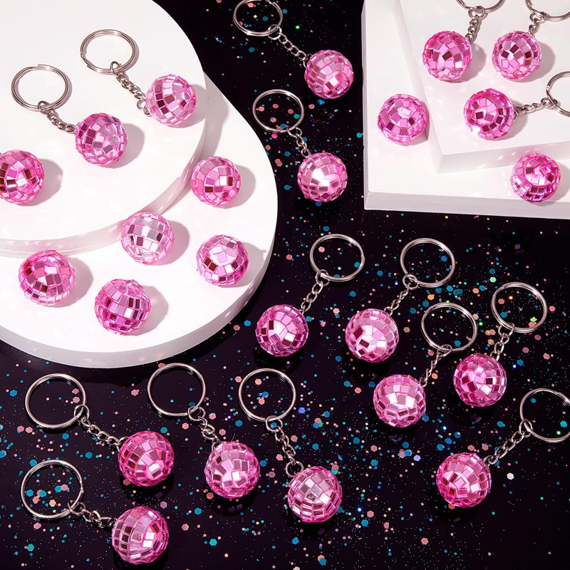 50Pcs Pink Disco Ball Keychain, Mini Small Pink Mirror Disco