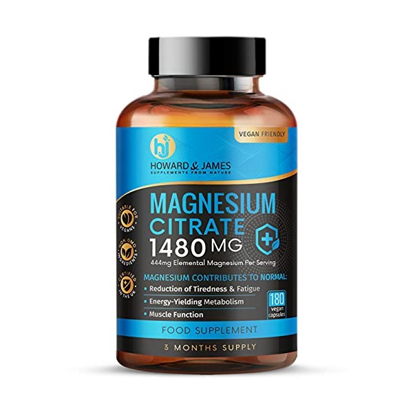 Magnesium Citrate 1480mg - 180 Vegan Capsules not Magnesium Tablets - Providing 444mg Elemental Magnesium - 3 Month Supply - High Strength Magnesium Supplements - Made in The UK by Howard & James