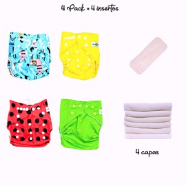 Paquete de 4 Pañales Ecológicos de Tela Premium Dana Banana + 4 Insertos de Cuatro Capas de Fibra de Bambú Dana Banana. Unisex – Unitalla – Ajustables – Lavables – Reutilizables
