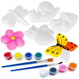 ArtCreativity Insect Plaster Painting Kit for Kids - 6 Garden-Inspired Plaster Figurines, 2 Paint Sets, 2 Brushes, and 6 Circle Magnets for Display - 8 Different Paint Colors - Kids Painting Set